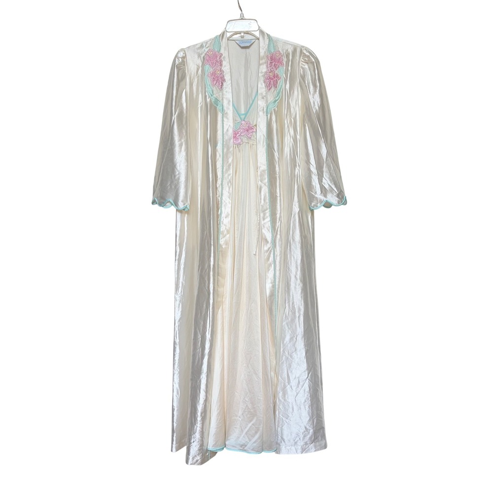 Lorraine Vintage Peignoir Set Ivory Pink Floral Embroidery Robe Gown Small USA